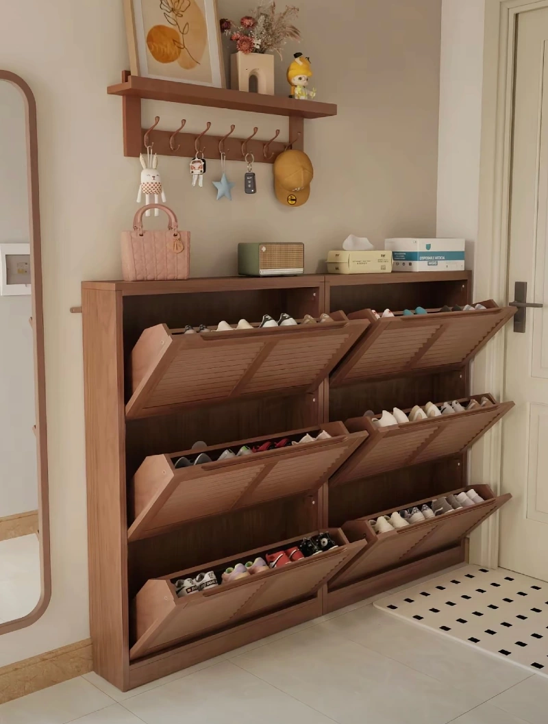 Walnut Slatted Tilt-Out Shoe Cabinets with Matching Brass Hook Shelf