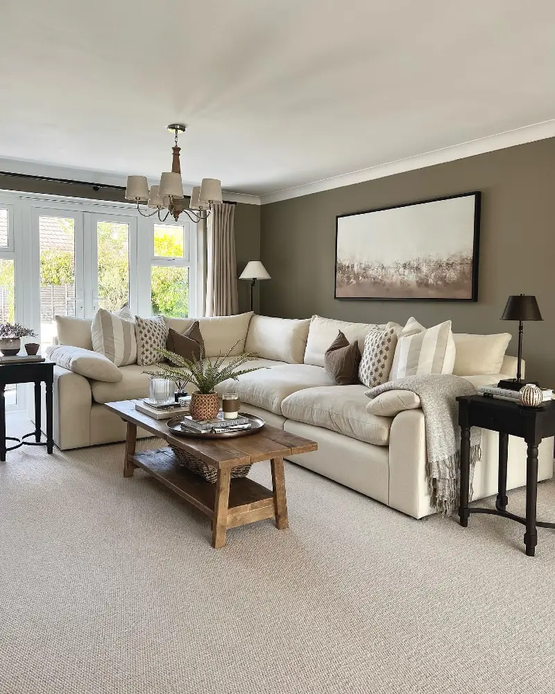 Warm Beige Classic Lounge with Crystal Chandelier and Soft Old-Money Symmetry
