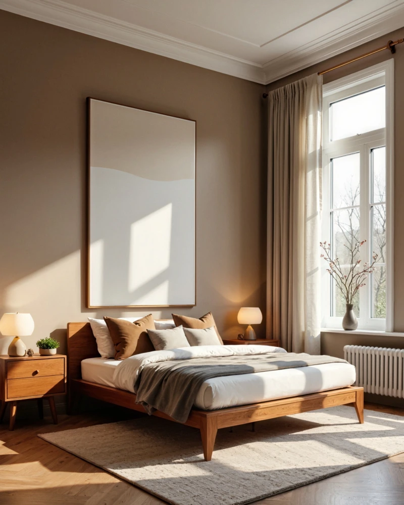 Warm Taupe Walls with Mid-Century Wooden Bed and Large Minimalist Art