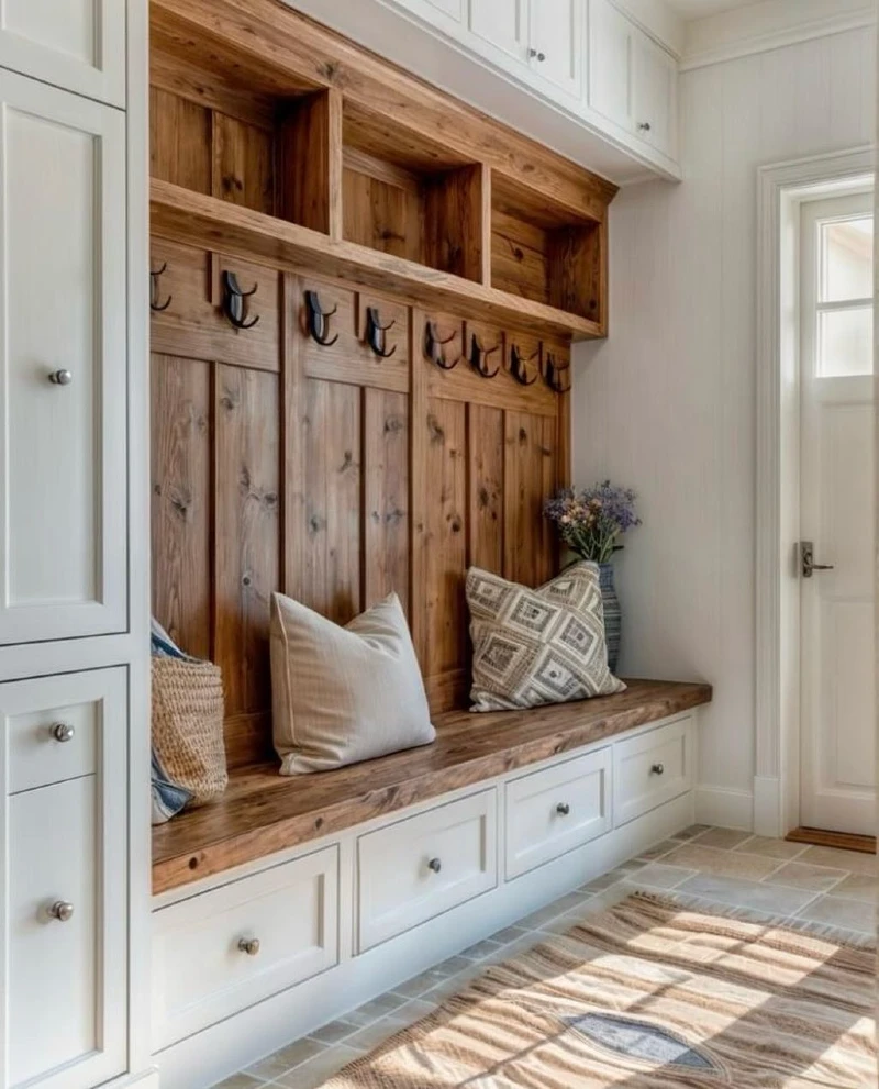 Warm Wood Backing and Cubbies with White Lower Drawers and Black Hooks