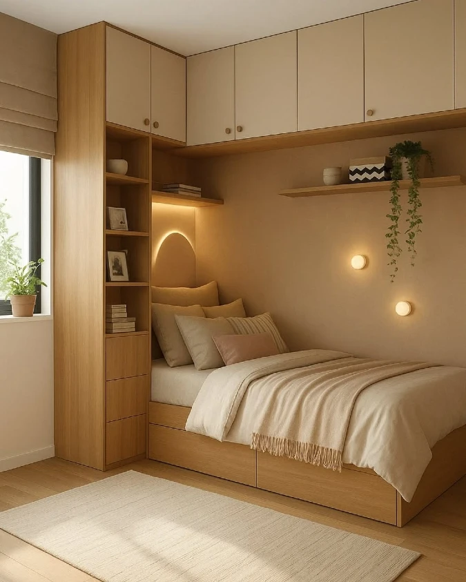 Warm Wood Bed Nook with Overhead Cabinets and Shelf Lighting