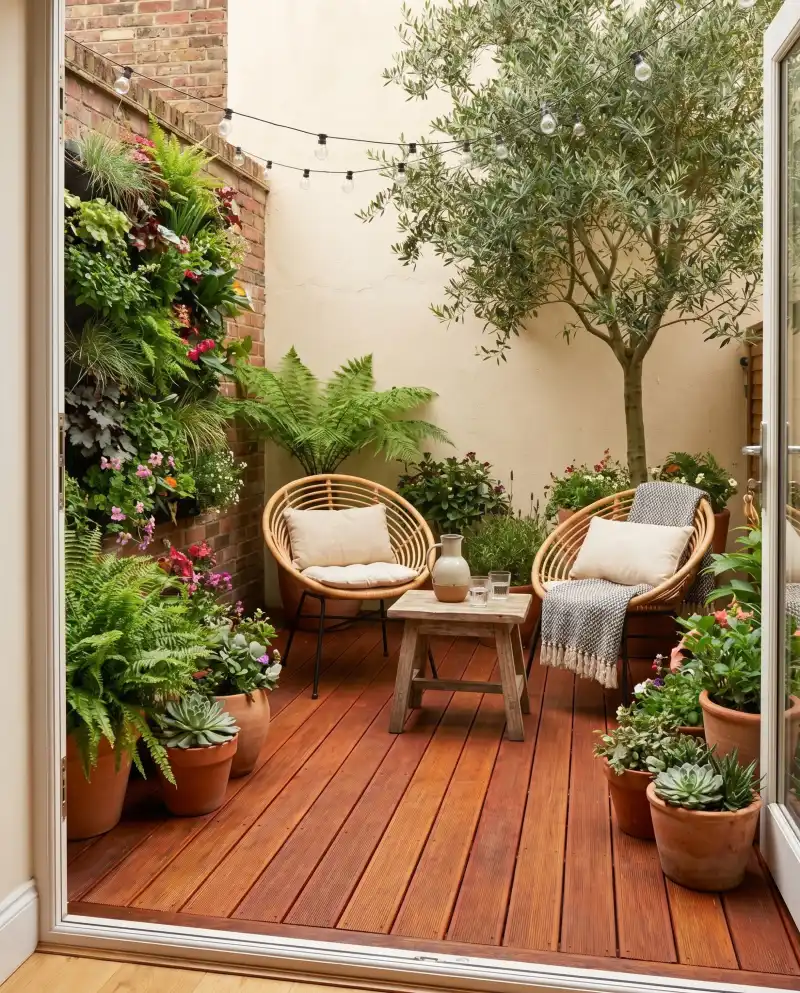 Warm Wood Decking with Rattan Papasan Chairs and Living Wall