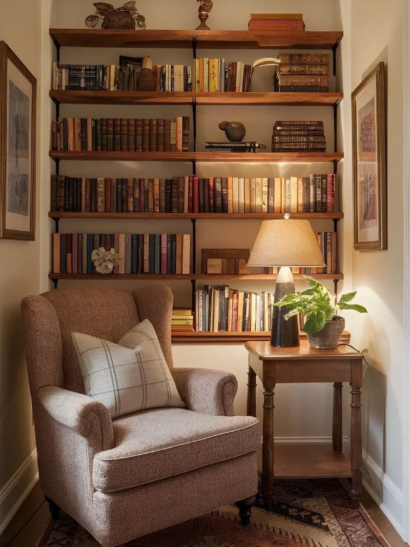 Warm Wood Reading Alcove with Teddy Chair, Table Lamp, and Antique Book Rows