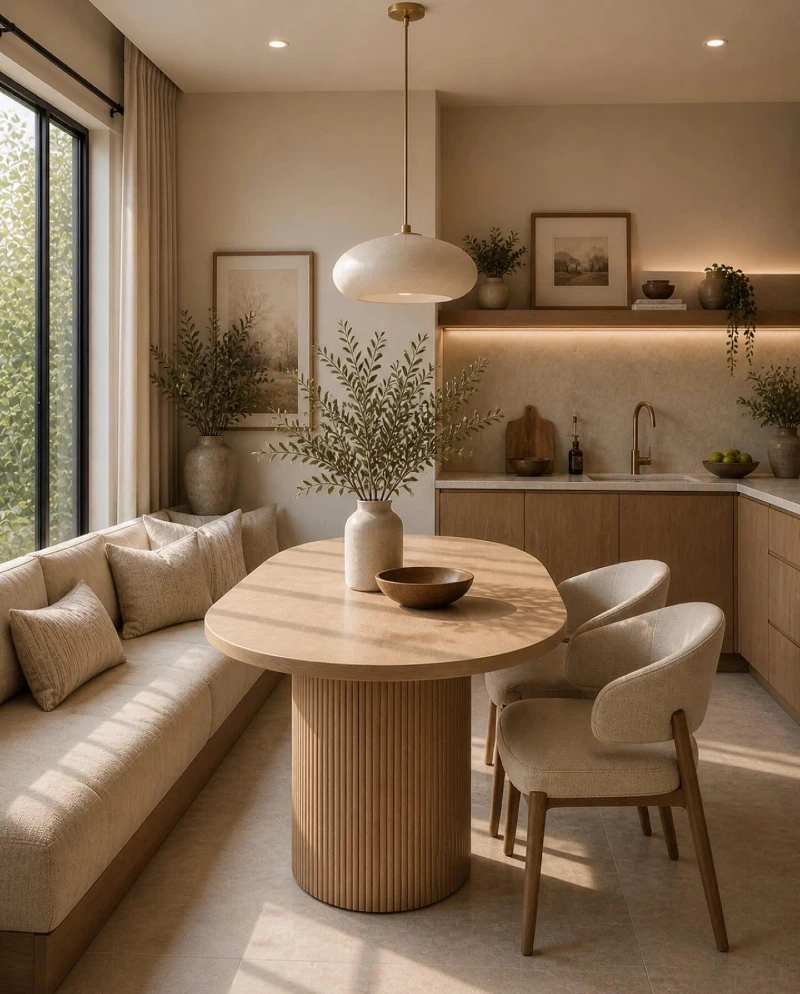 Warm Wood Sink Corner with Backlit Shelf, Framed Art, and Olive Branch Vases
