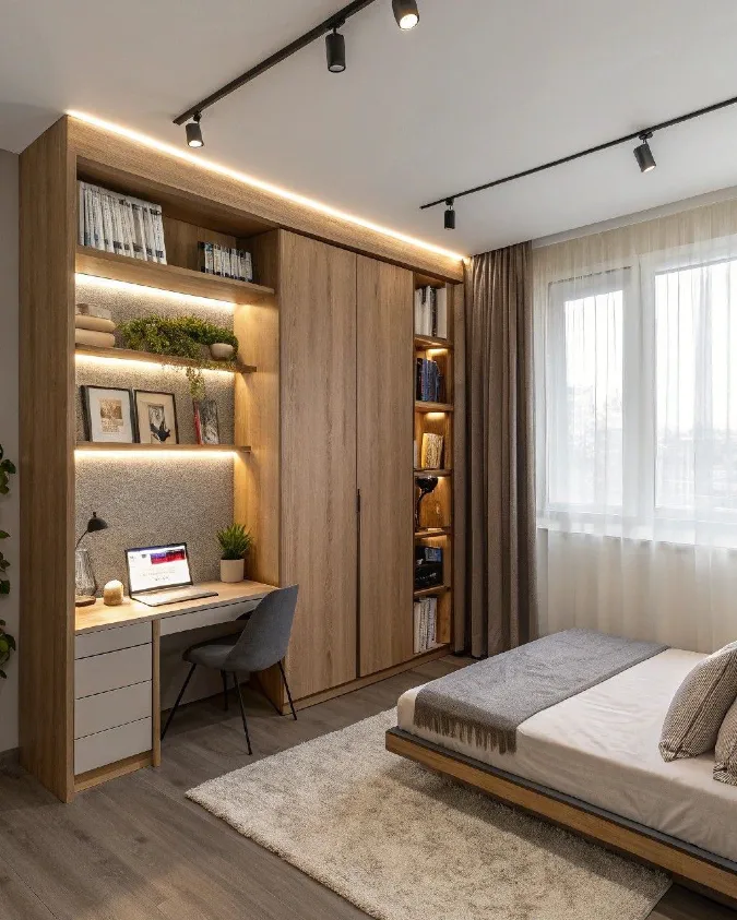 Warm Wood Wardrobe Wall with Desk Nook and Lit Shelves