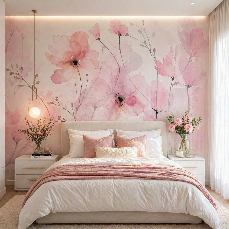 Watercolor Floral Mural with Textured Pink Throw