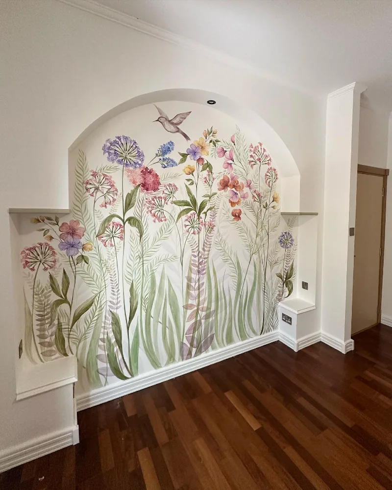 Watercolor Wildflower and Hummingbird Mural in Large Arched Alcove