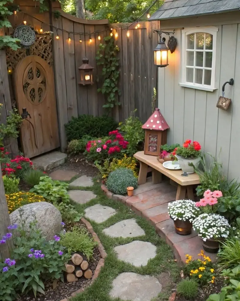 Whimsical Cottage Garden Nook with Stepping Stones and String Lights