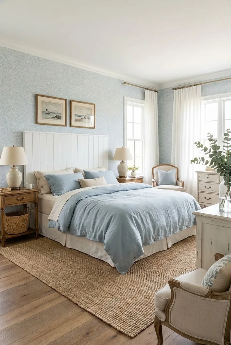 White Beadboard Headboard with Light Blue Linen Duvet and Botanical Wallpaper