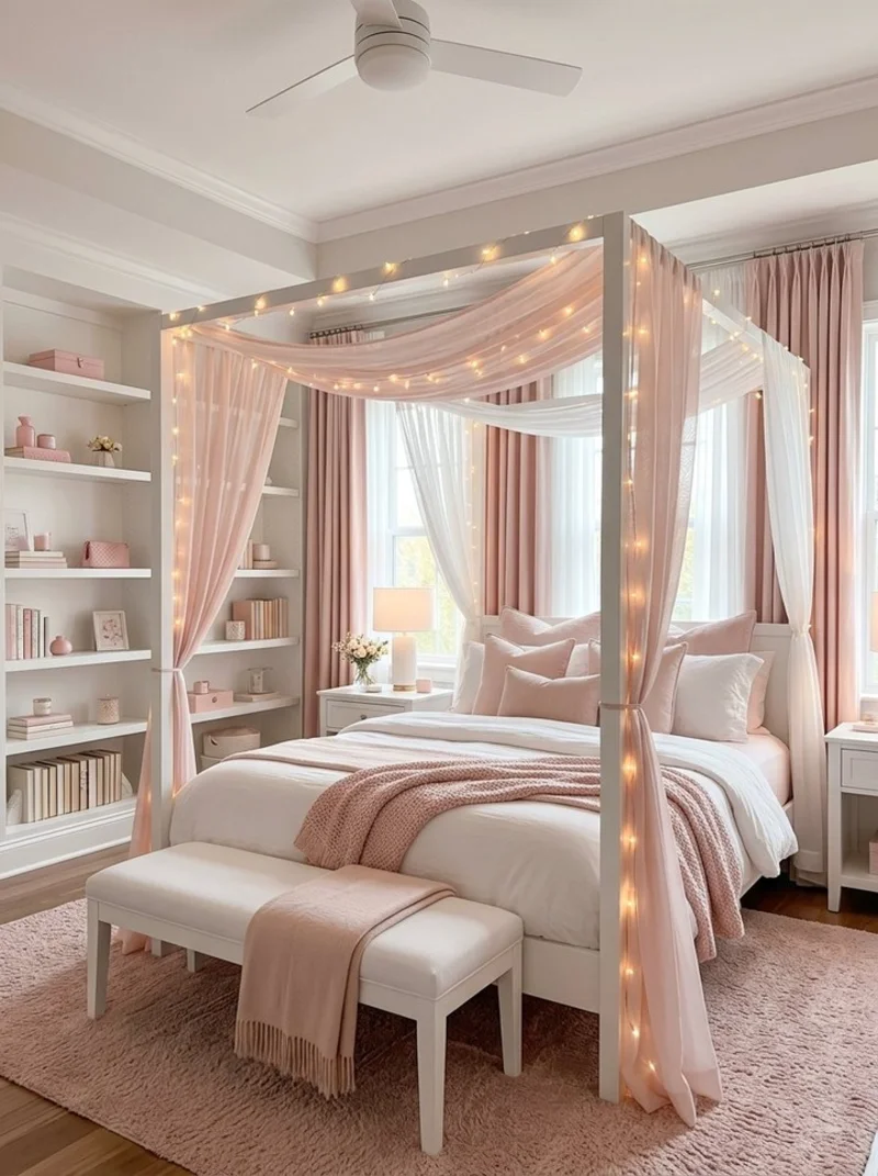 White Canopy Bed with Fairy Lights and Built-In Bookshelves
