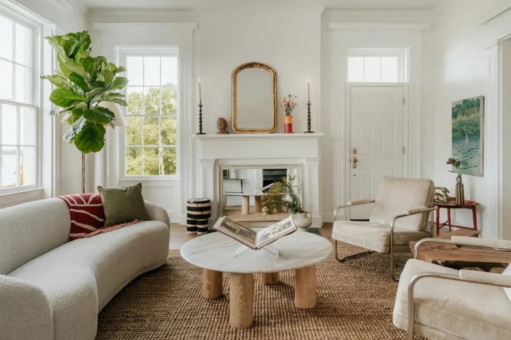 White Fireplace Mantel with Vintage Gold Mirror