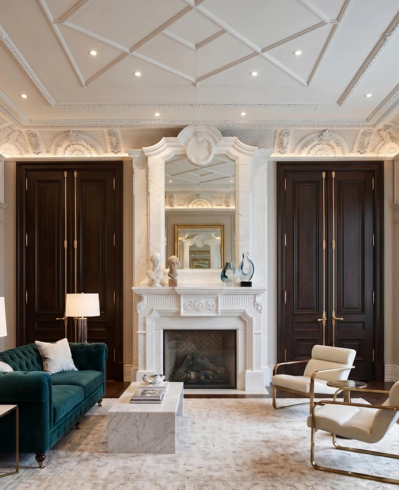White Marble Mantel with Tall Mirror, Classical Busts, and Blue Glass Sculptures