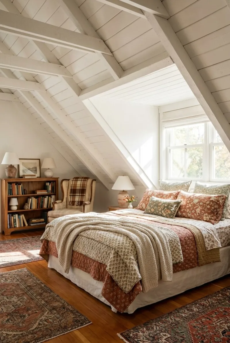 White Paneled Vaulted Beams with Layered Terracotta Bedding and Plaid Wingback Chair