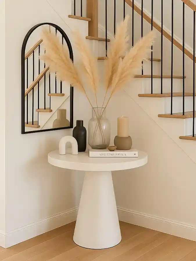 White Pedestal Table with Tall Pampas Grass Display