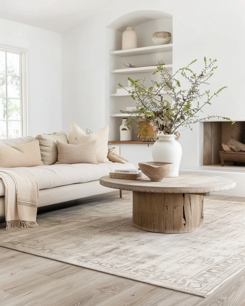White Plaster Fireplace with Round Reclaimed Wood Coffee Table