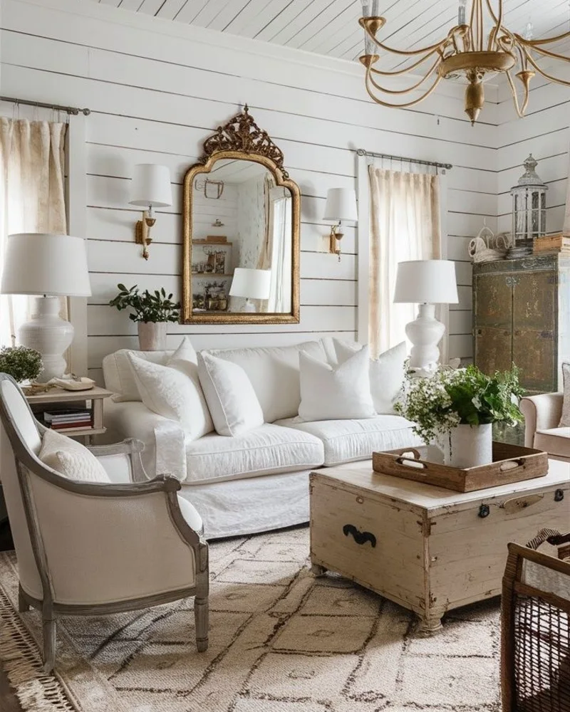 White Shiplap Sitting Room with Gilded Mirror and Trunk Table