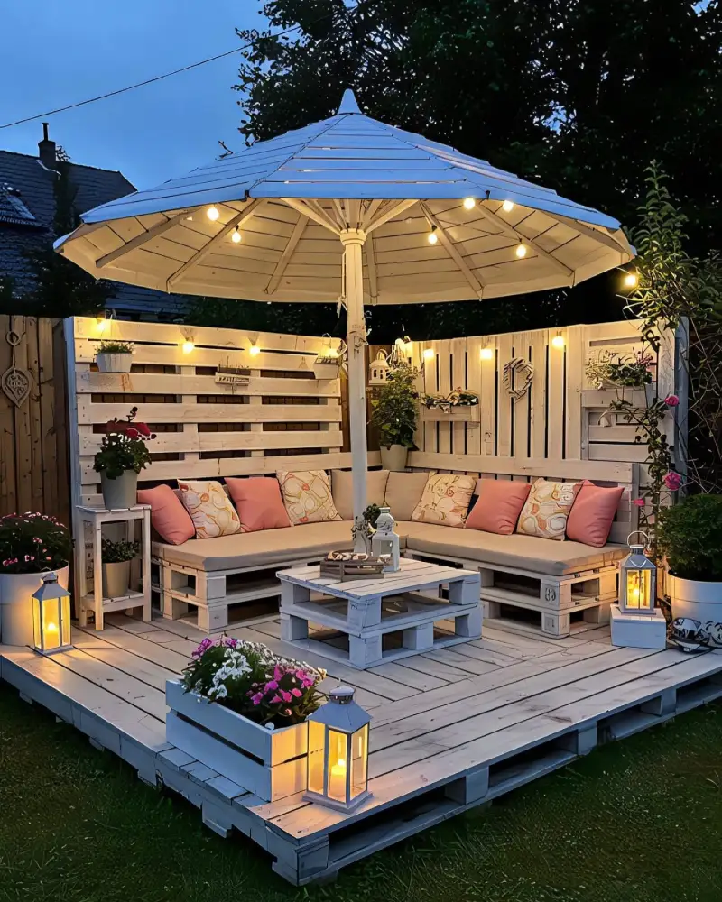 White Wooden Pallet Sectional with Umbrella Cover