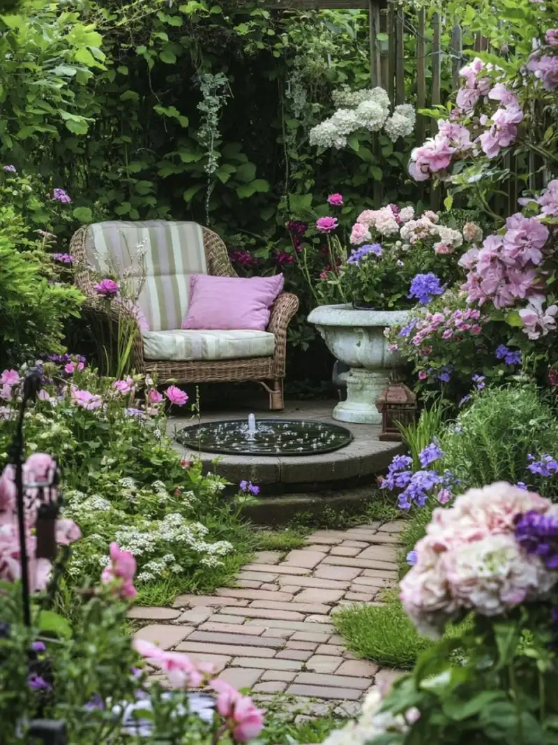 Wicker Armchair Nook with Circular Water Feature and Red Brick Path