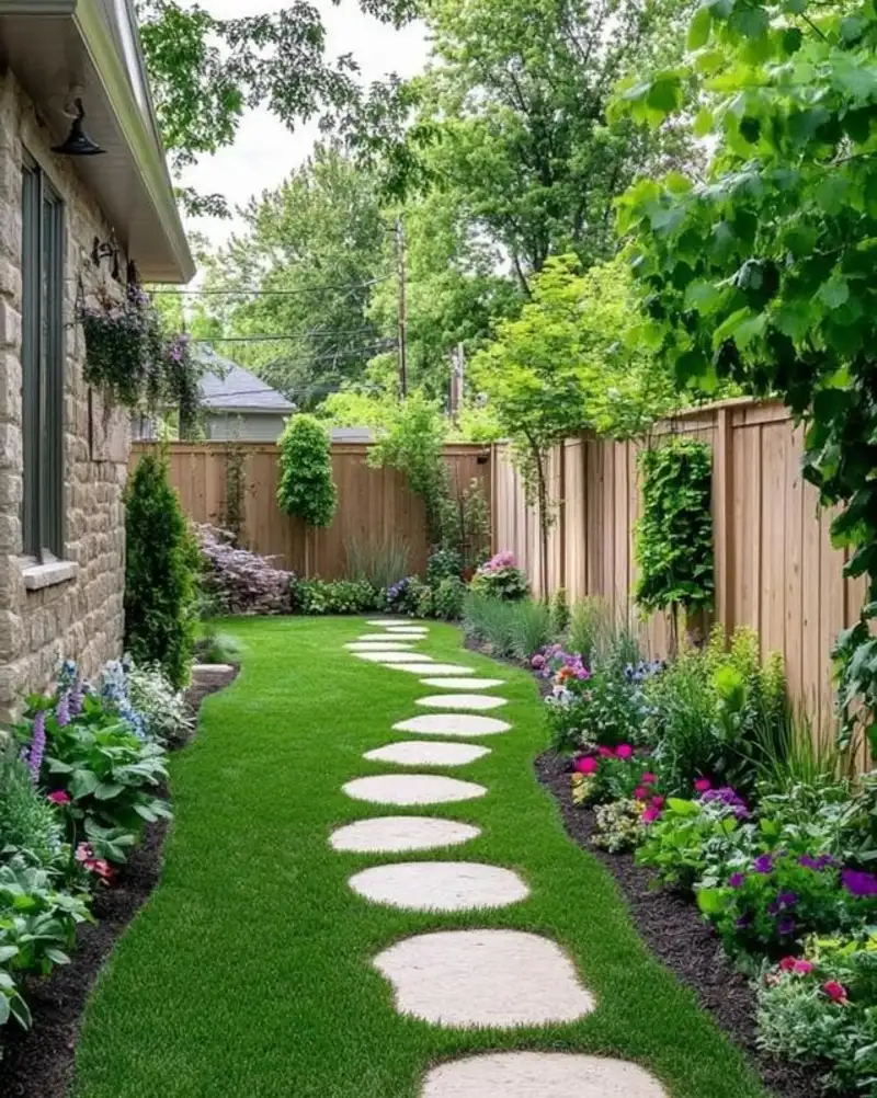 Winding Stepping Stone Path in Narrow Lawn with Wooden Privacy Fence