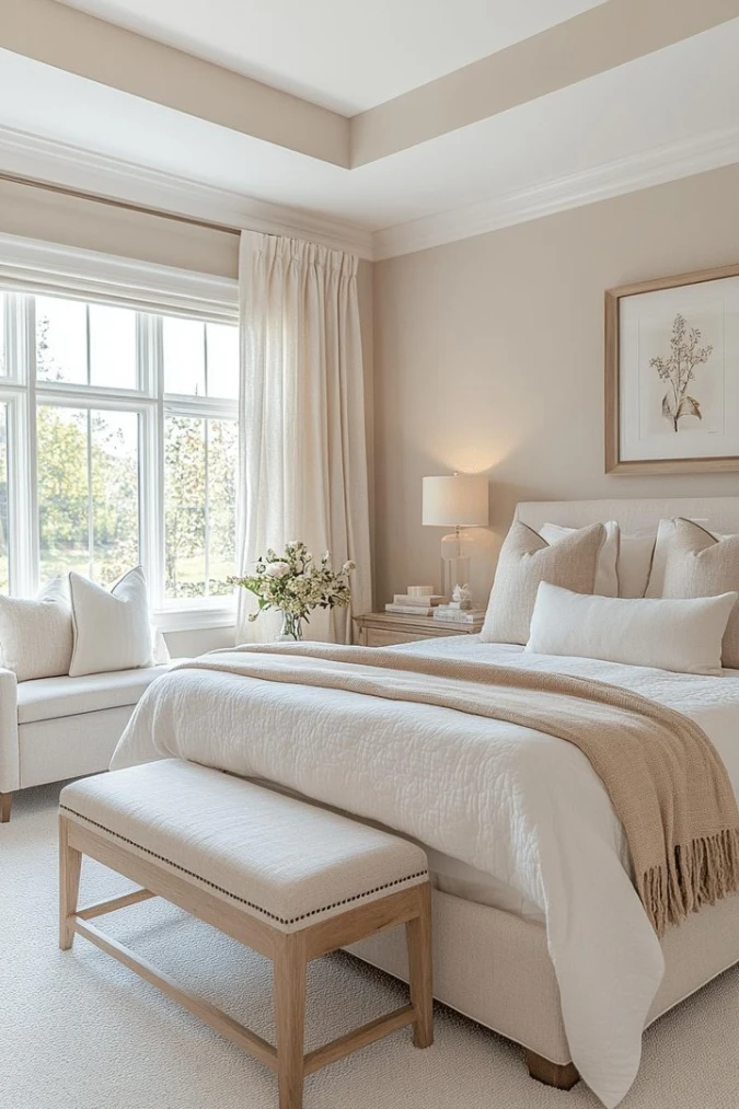 Window Bench Bedroom with Botanical Art and Linen Layers