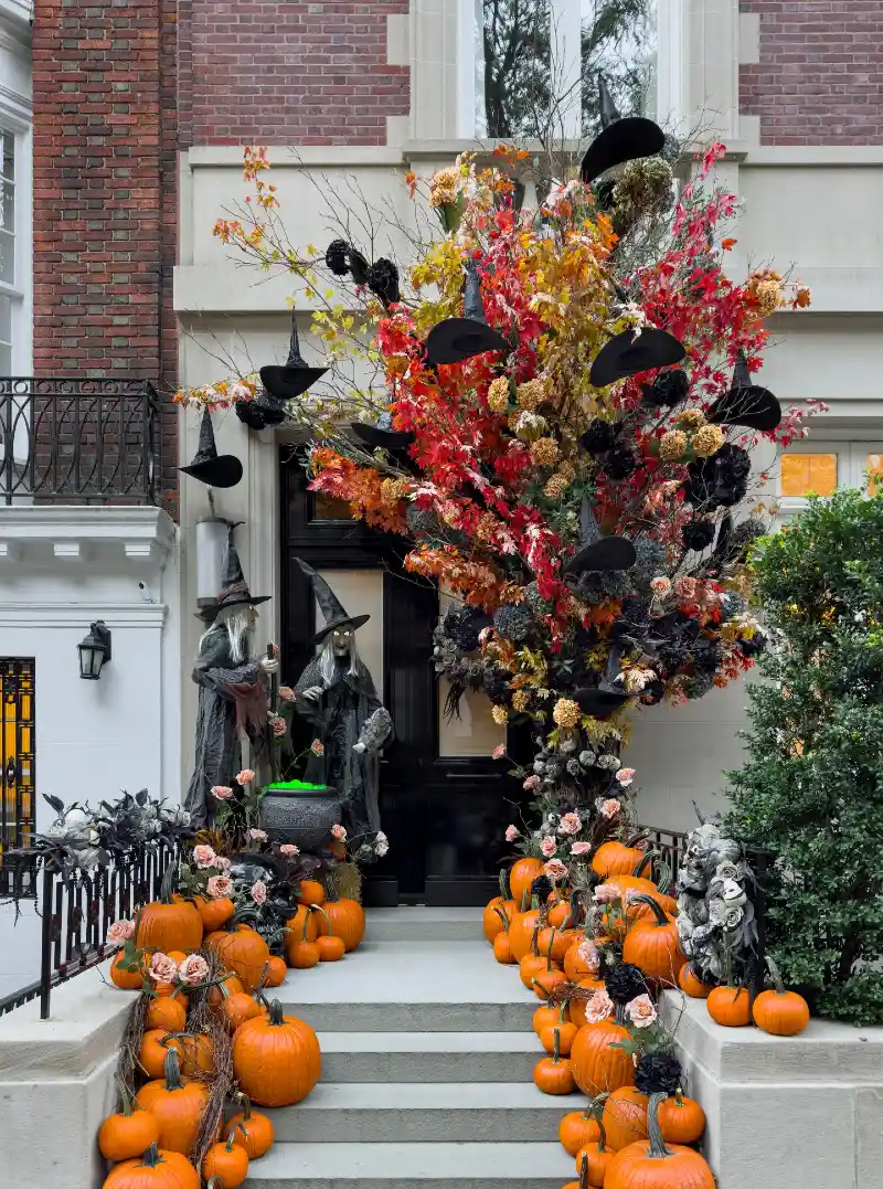 Witch Tree Stoop with Pumpkins and Pink Roses