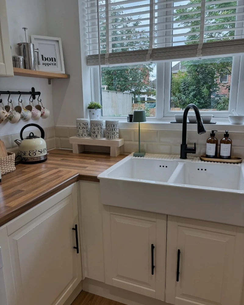 Wood Counter Coffee Corner with Mug Rail, Cream Kettle, and Tiny Green Lamp
