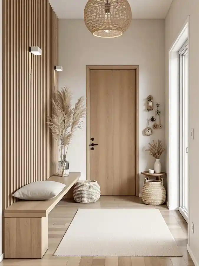 Wood Slat Accent Wall with a Floating Wooden Bench