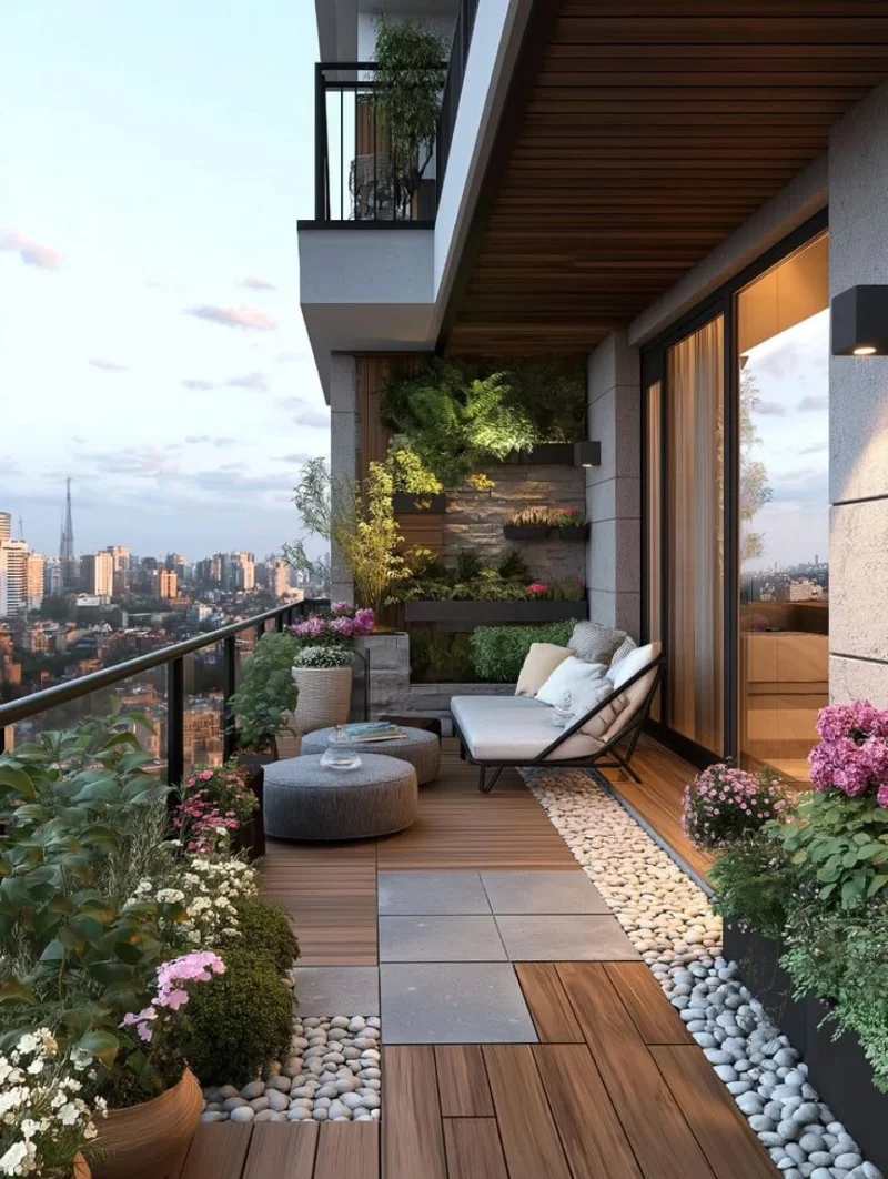 Wood Tile Garden Walkway with Pebble Borders and Low Lounge Seating