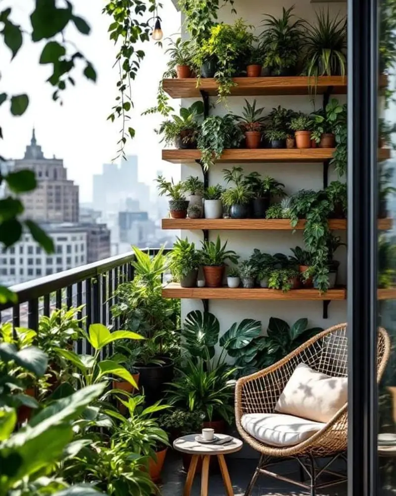 Wooden Balcony Shelves with Rattan Chair Nook