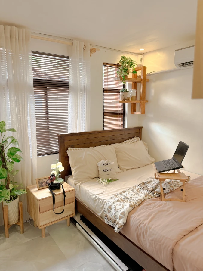 Wooden Bed with Overhead Shelf and Laptop Tray