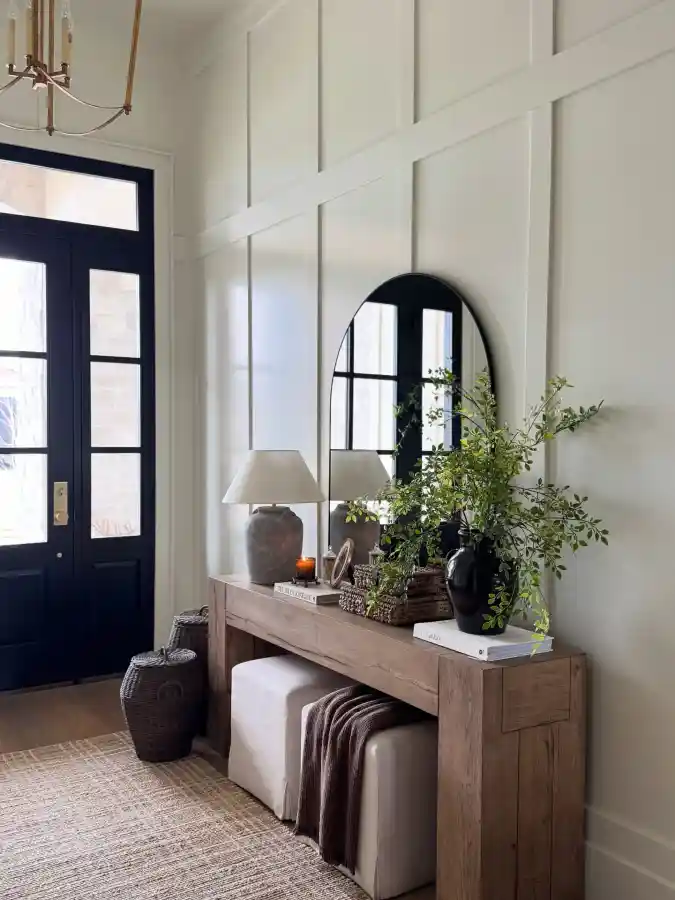 Wooden Console Table with Arched Black Mirror