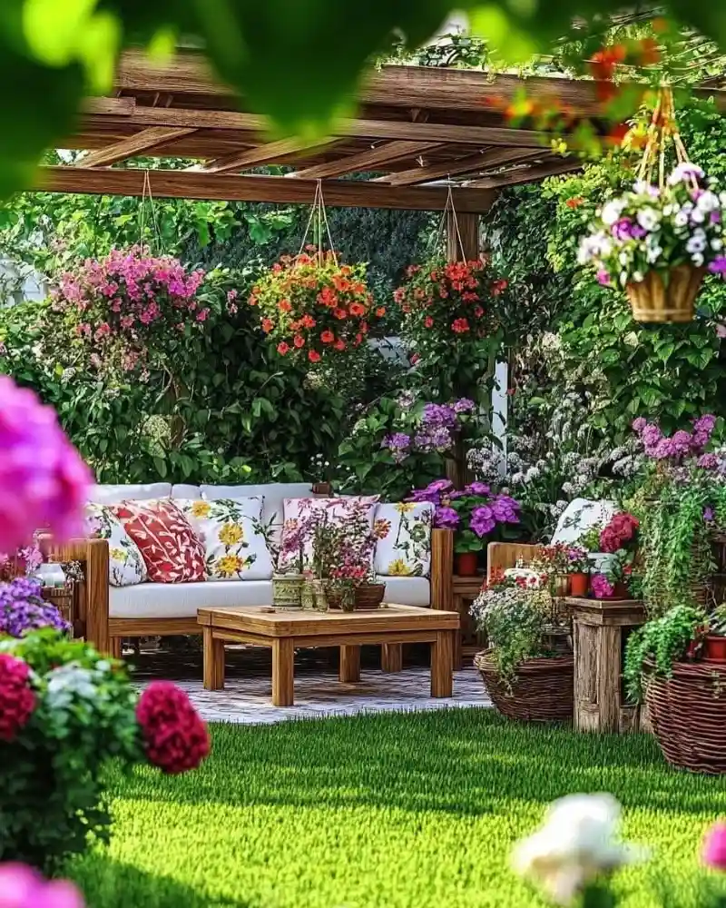 Wooden Pergola Patio with Hanging Flower Baskets and Floral Pillows