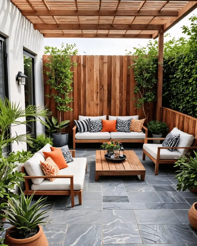 Wooden Pergola Patio with Slate Tile Flooring