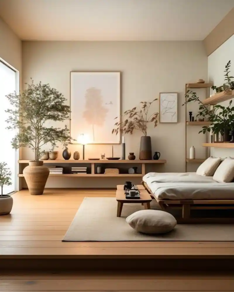 Wooden Platform Daybed with Low Shelving and Terracotta Accents
