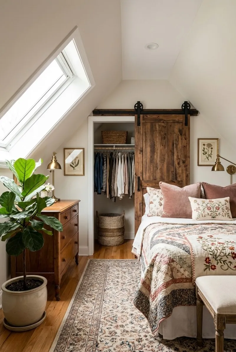 Wooden Sliding Barn Door with Patchwork Quilt and Fiddle-Leaf Fig Plant