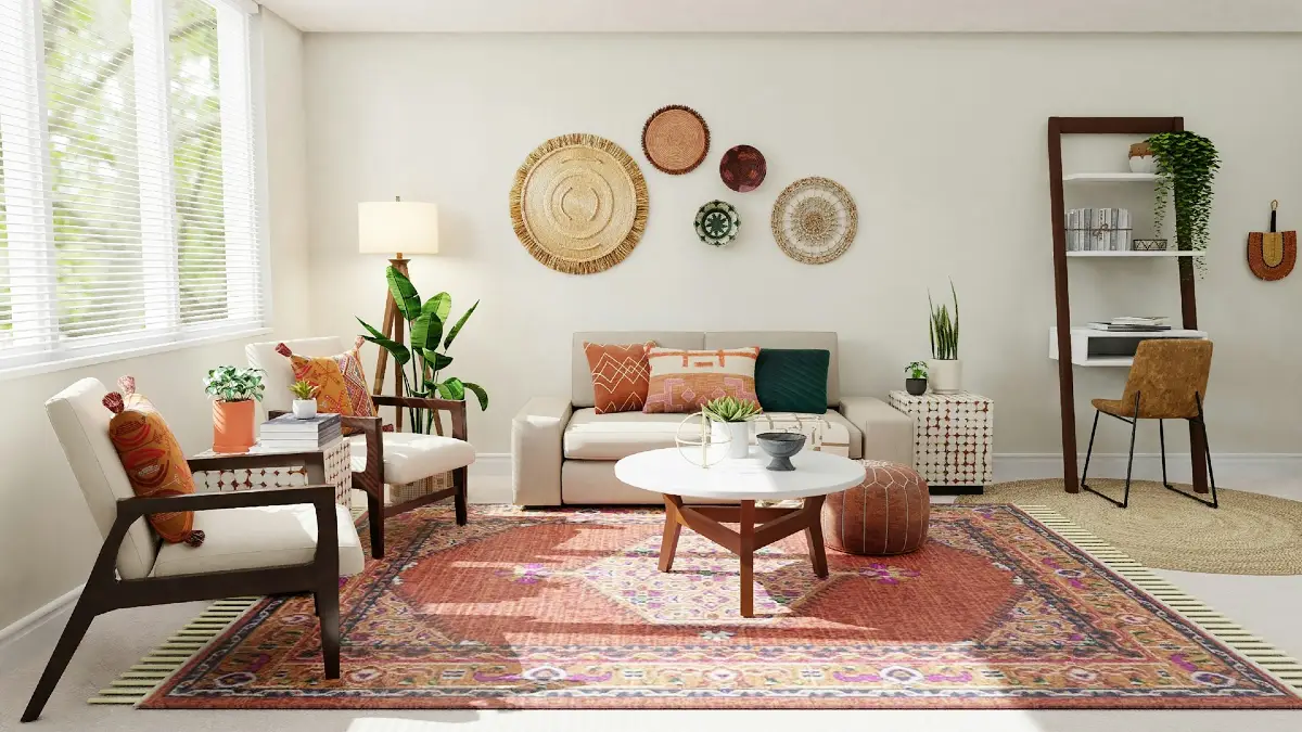 Woven Basket Wall Display with Layered Vintage Rug