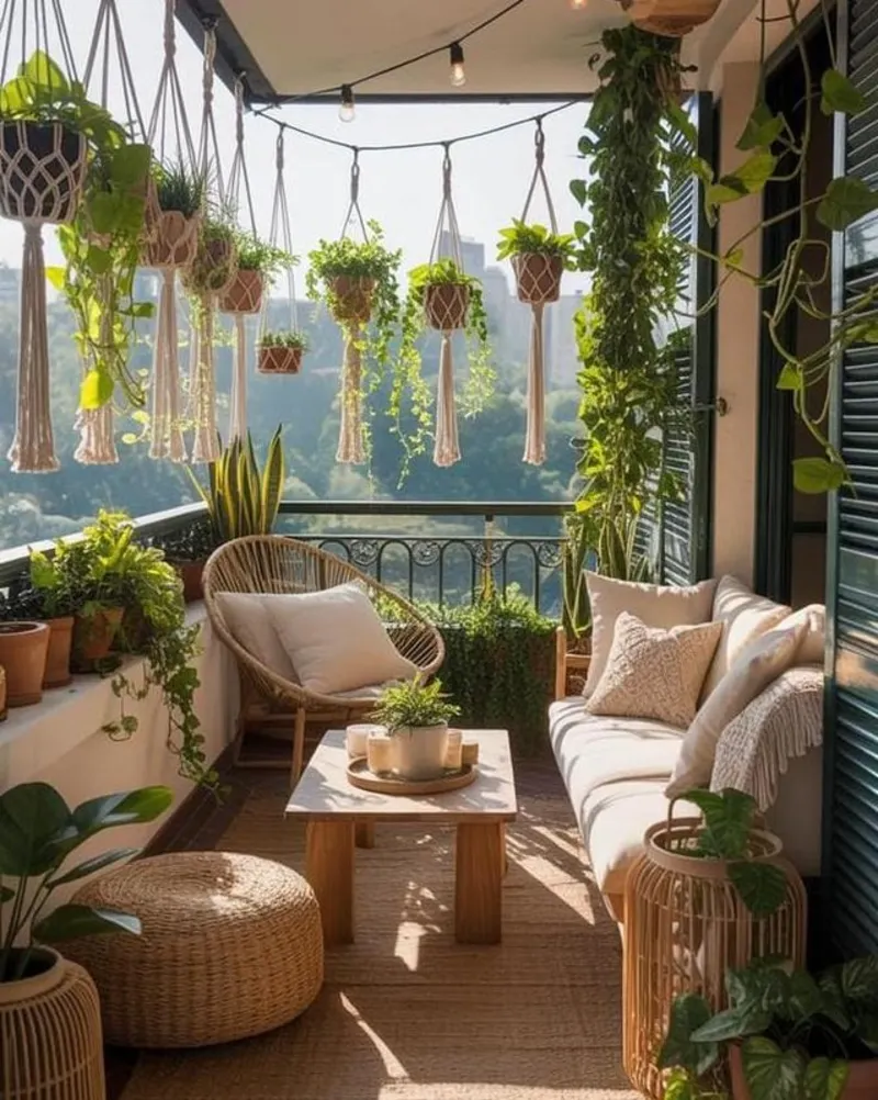 Woven Furniture with Macrame Hanging Plants