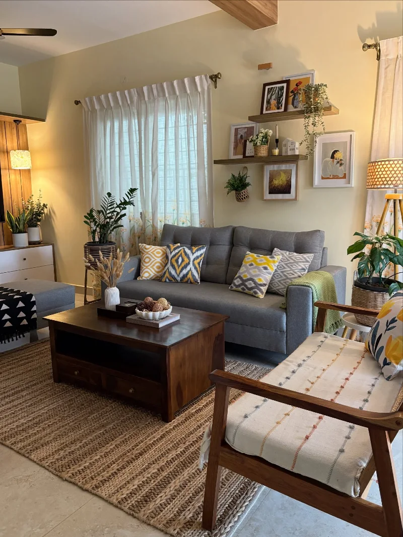 Woven Neutral Living Room with Graphic Pillows and Natural Light Layers