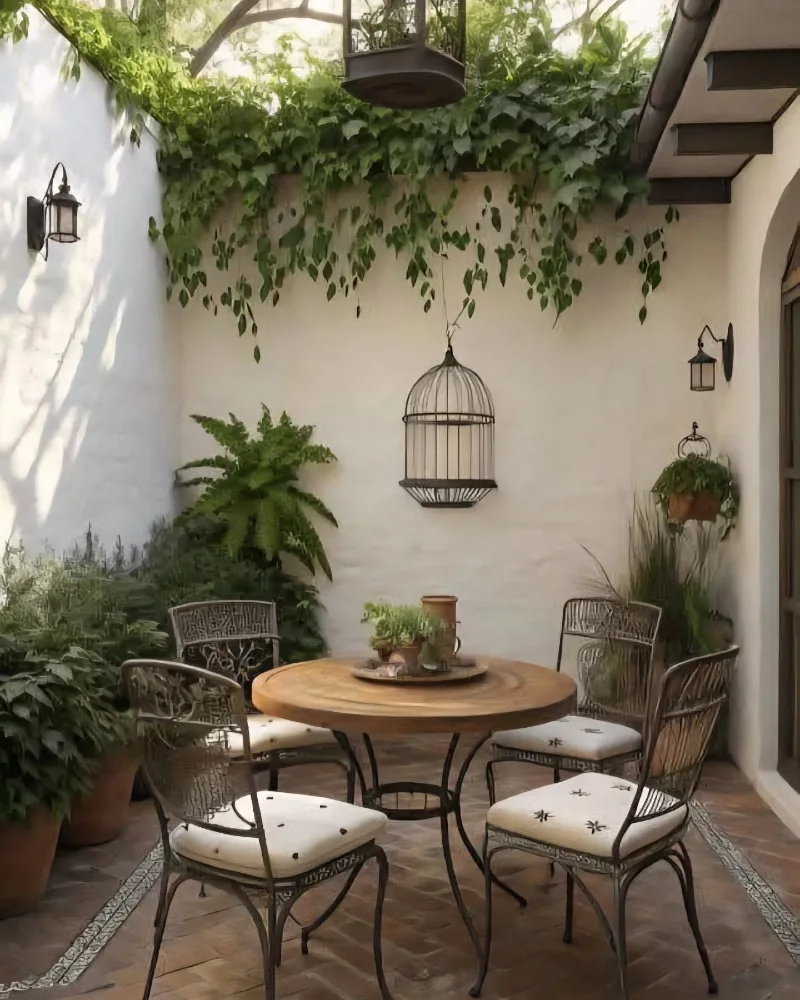 Wrought Iron Bistro Set with Trailing Ivy Wall