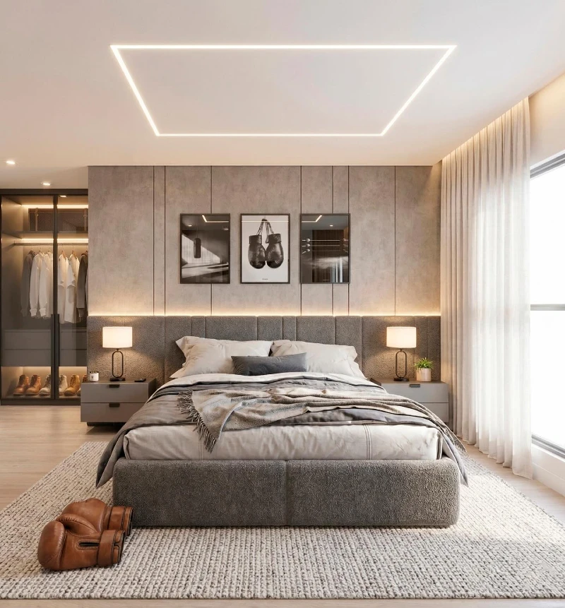 Soft Neutral Bedroom with LED Ceiling Frame and Walk-In Wardrobe Integration