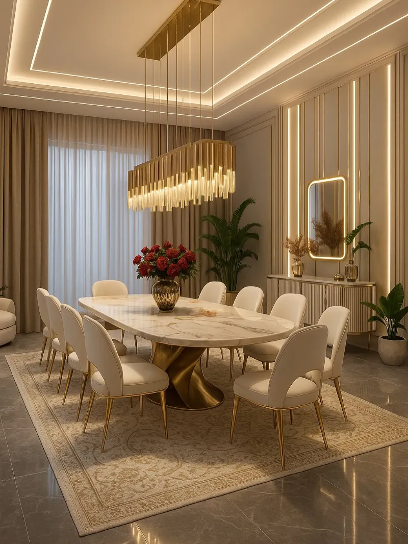cOval Marble Dining Table with Twisted Brass Base, Slatted Sideboard, and Linear Crystal Pendant