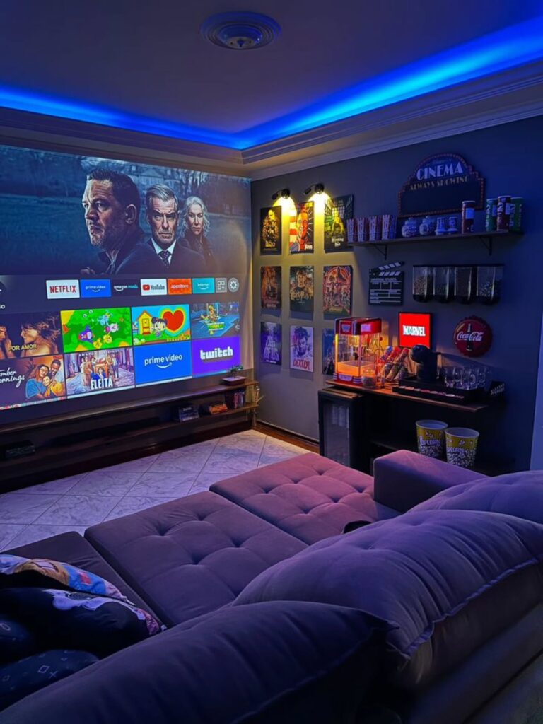 1. Blue LED Home Theater Corner with Popcorn Bar and Movie Poster Wall