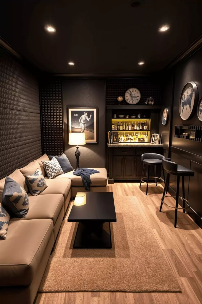9. Narrow Lounge Bar with Tan Sofa, Backlit Bottle Cabinet, and Black Acoustic Walls