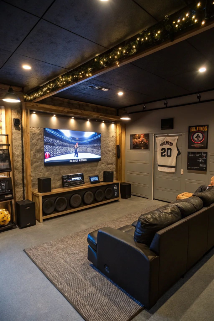 10. Stone TV Wall with Leather Recliner Sofa, Sports Jersey, and Garland Lights