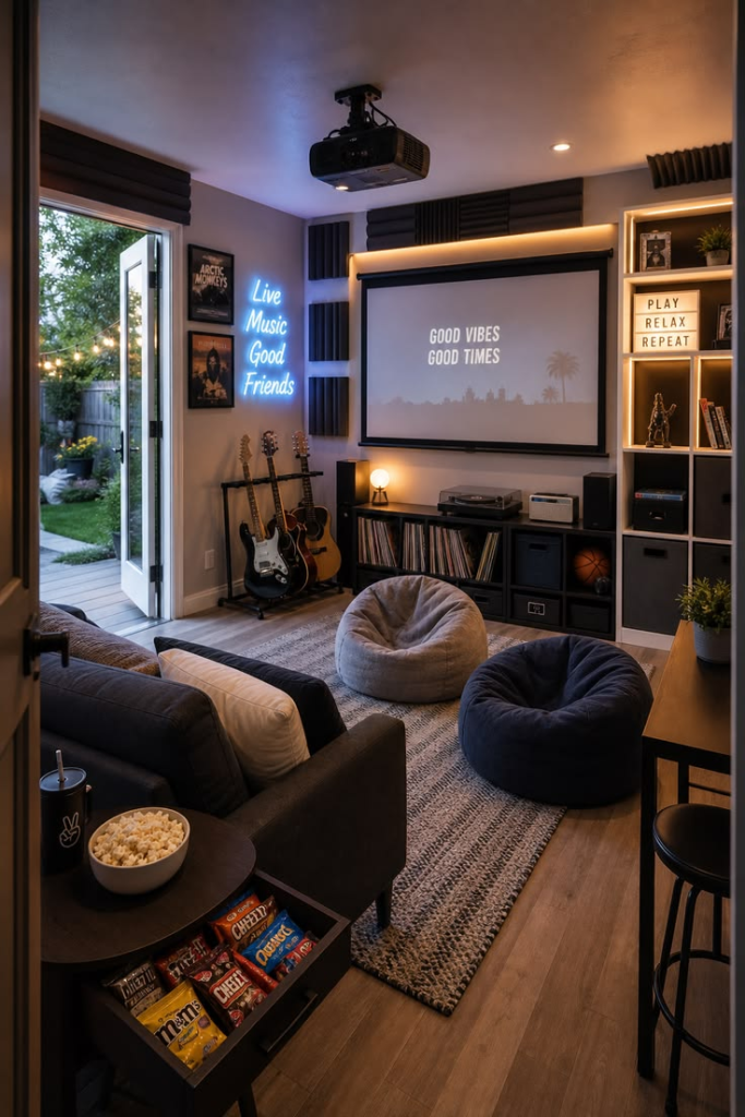 11. Music Lounge Theater with Projector Screen, Guitar Stand, and Snack Cart