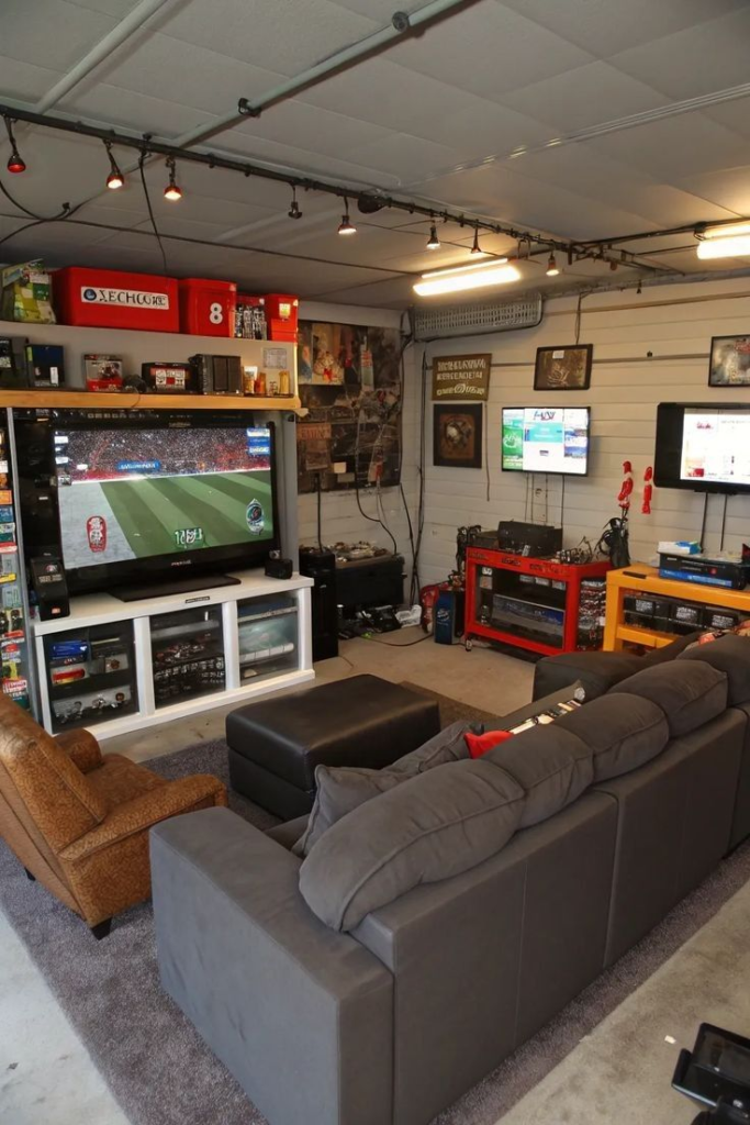 12. Garage Sports Lounge with Gray Recliner Sofa, Big TV, and Open Shelf Storage