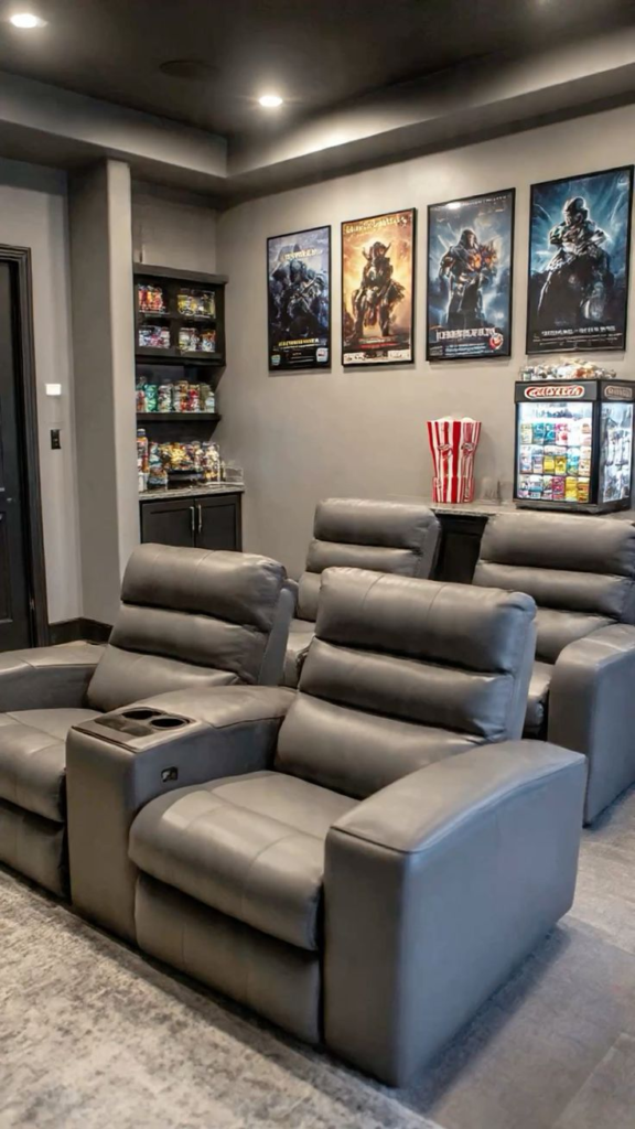13. Gray Recliner Theater Room with Action Posters, Snack Cabinet, and Candy Cooler
