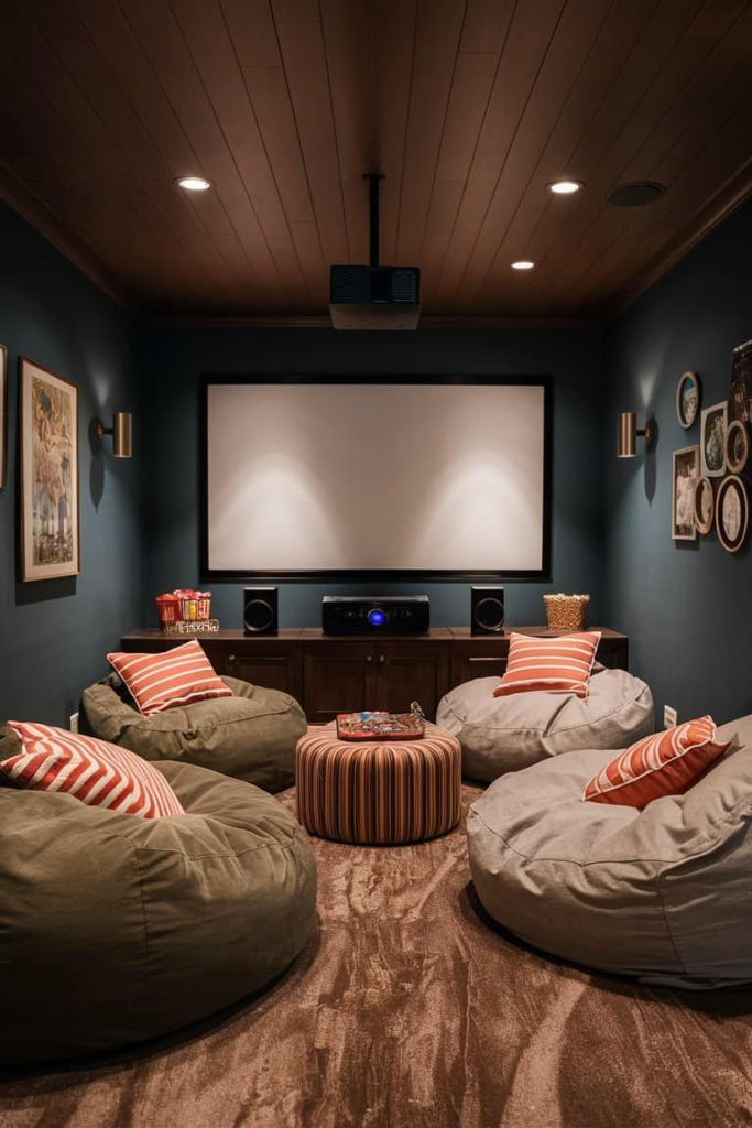 14. Bean Bag Movie Room with Wood Ceiling, Projector Screen, and Striped Pillows