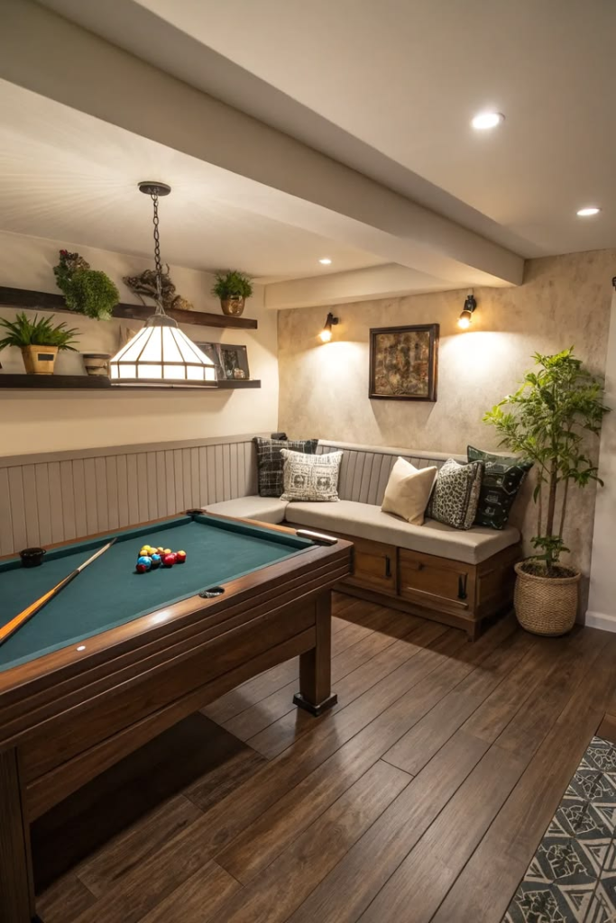 16. Basement Pool Table Corner with Built In Bench, Plant Shelf, and Warm Pendant Light