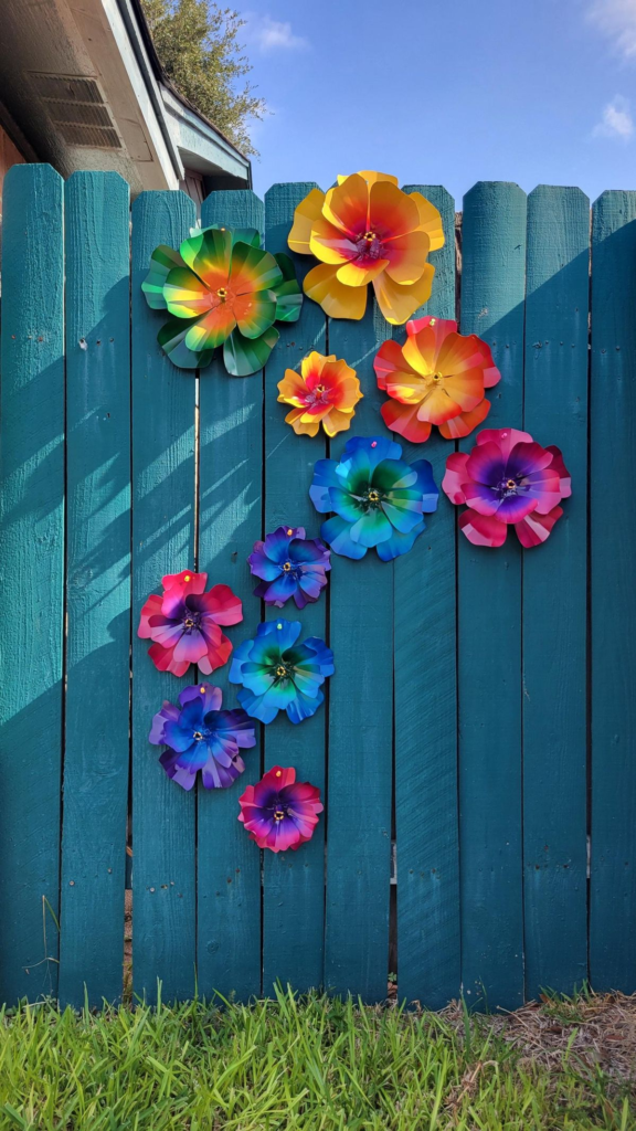 21. Teal Picket Fence with Colorful Metal Flower Wall Art